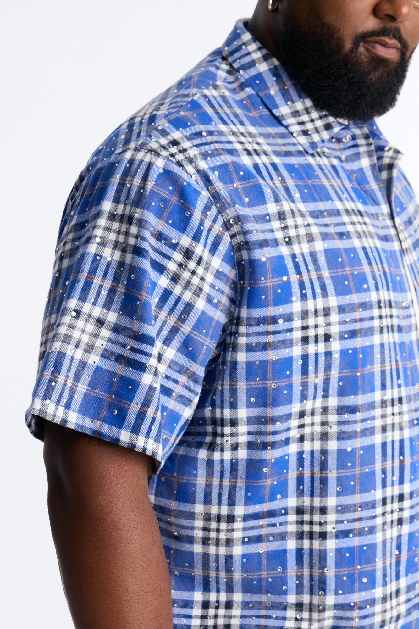 Rhinestone Rain Short Sleeve Plaid Flannel - Royal Fashion Nova