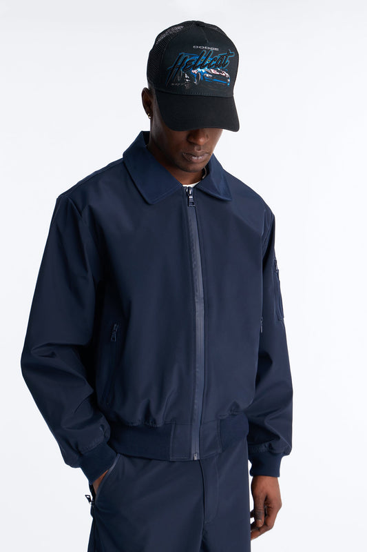 Cropped Relaxed Liberty Zip Bomber Jacket - Navy Fashion Nova