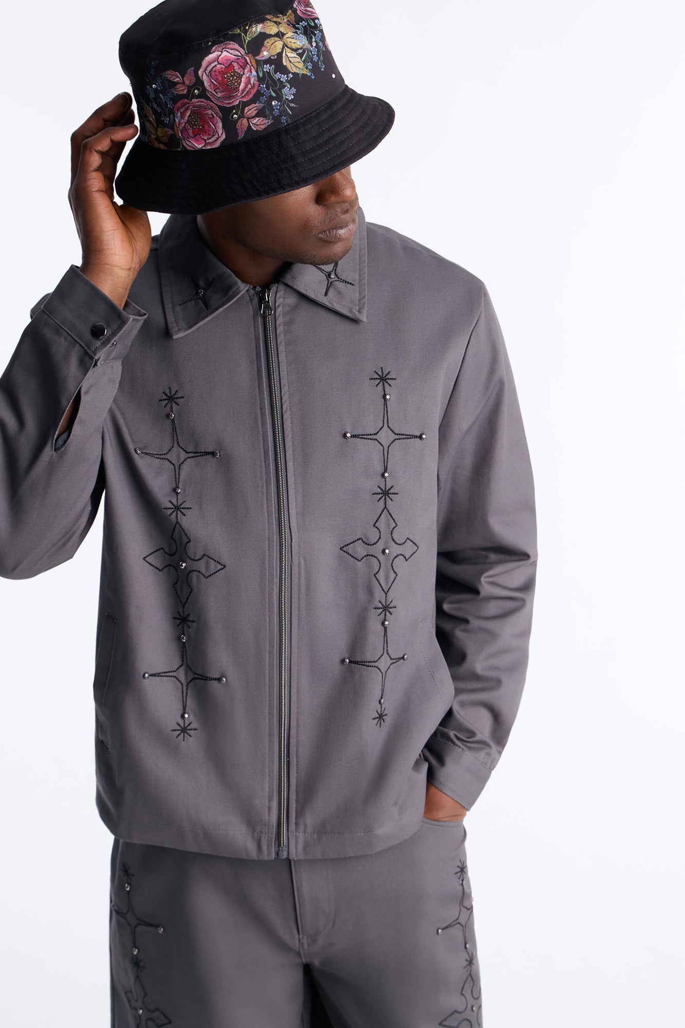 Vatican City Stitched Embellished Work Jacket - Grey Fashion Nova