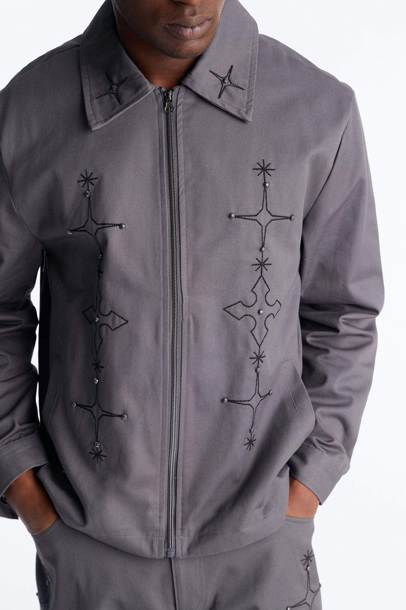 Vatican City Stitched Embellished Work Jacket - Grey Fashion Nova