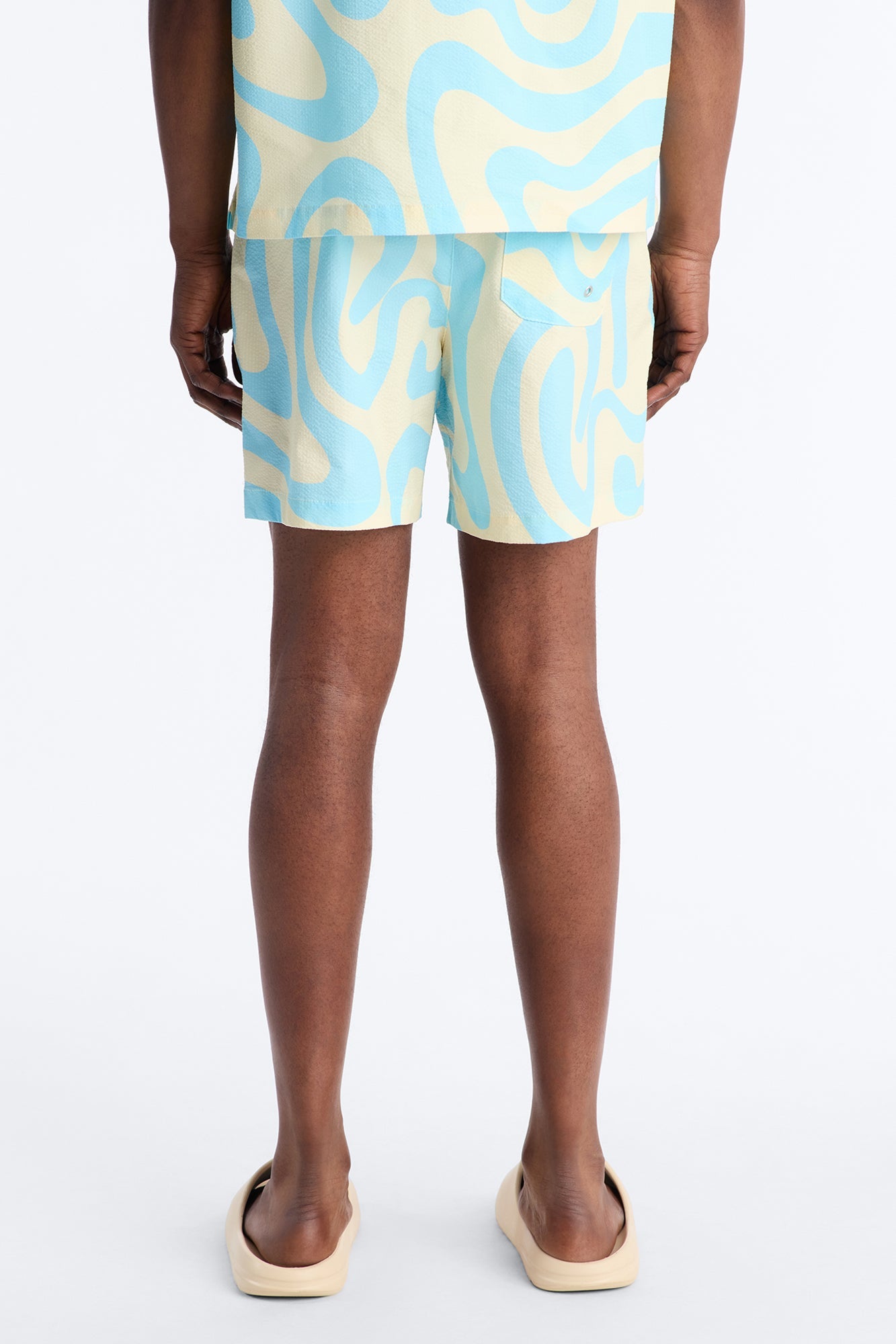 Groovy Abstract Printed Seersucker Swim Trunk 6″ - Blue Fashion Nova