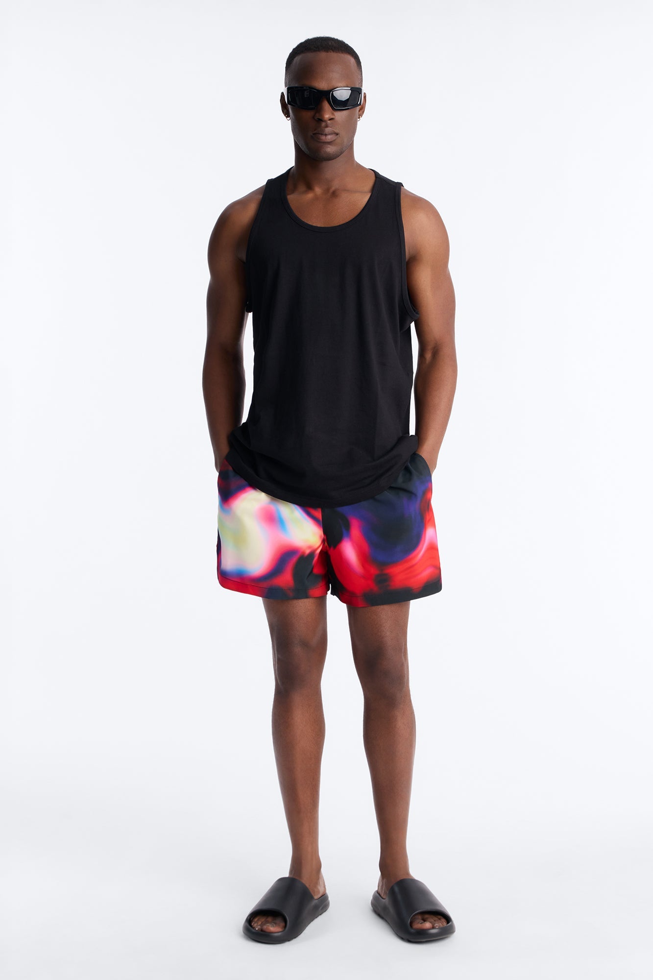 Relaxed Futuristic Abstract Acid Blur Swim Trunk 4″ - Black Fashion Nova