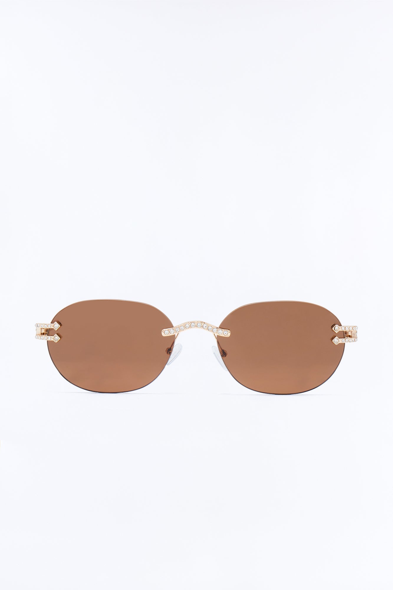 Embellished Round Frameless Metal Sunglasses - Gold/Brown Fashion Nova