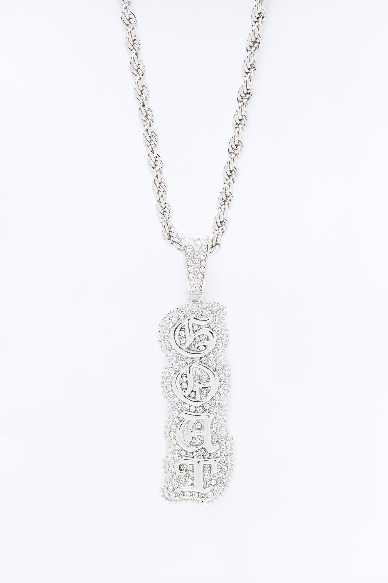 GOAT Script Vertical Iced Pendant Necklace - Silver Fashion Nova