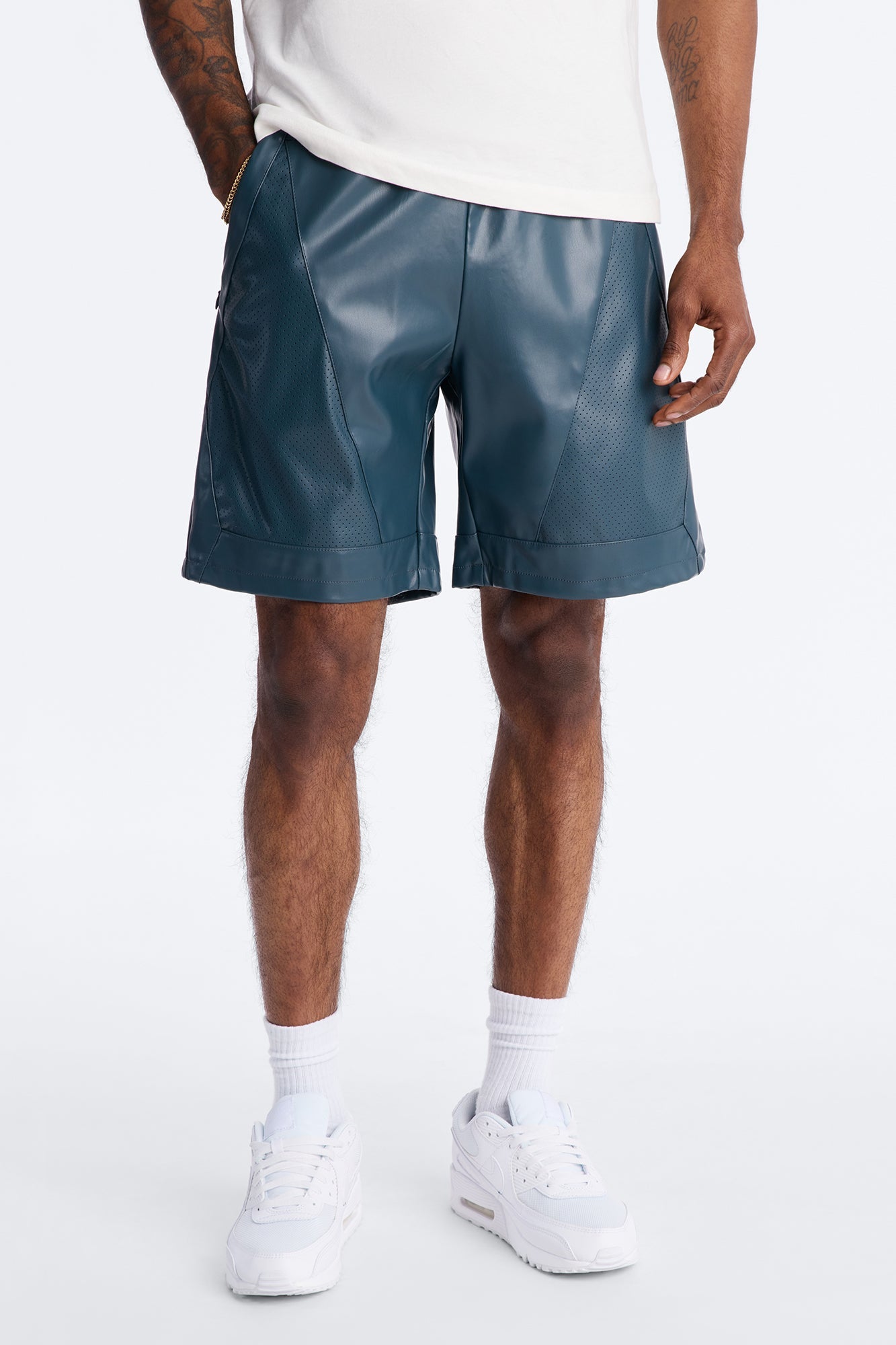Relaxed Perforated Faux Leather Short - Navy Fashion Nova