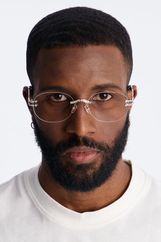 Embellished Round Frameless Metal Sunglasses - Silver Fashion Nova