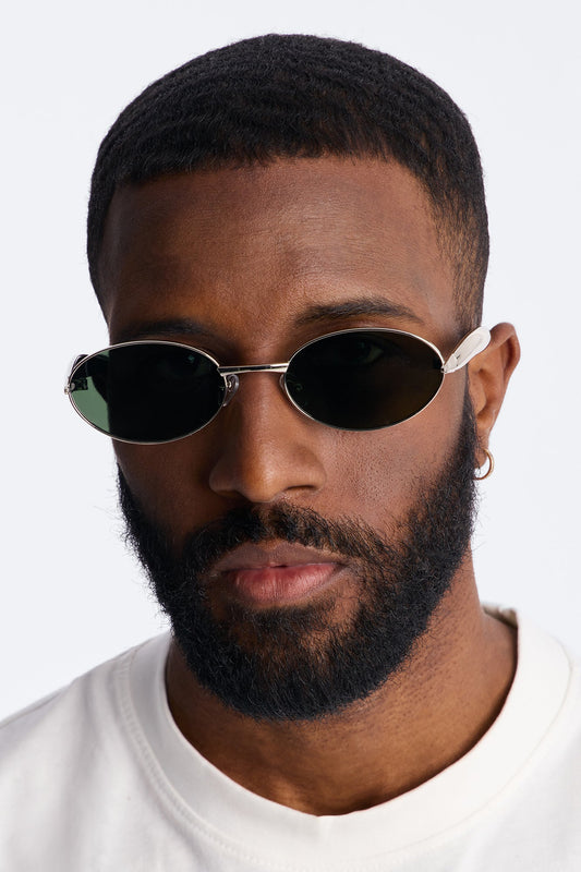 Vintage Oval Polished Metal Sunglasses - Silver/Green Fashion Nova