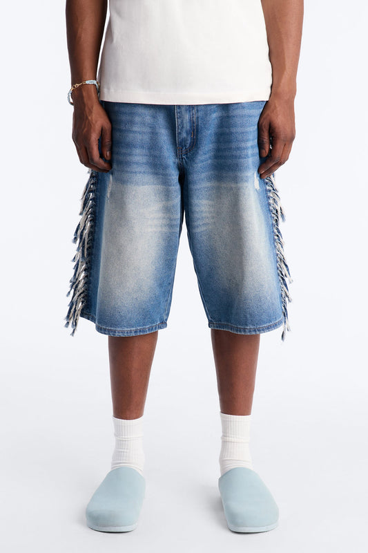 Baggy Rodeo Fringe Denim Short - Vintage Blue Wash Fashion Nova