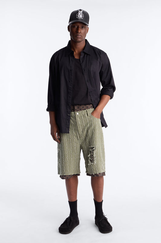 Baggy Double Waisted Stars And Distressed Short - Olive Fashion Nova