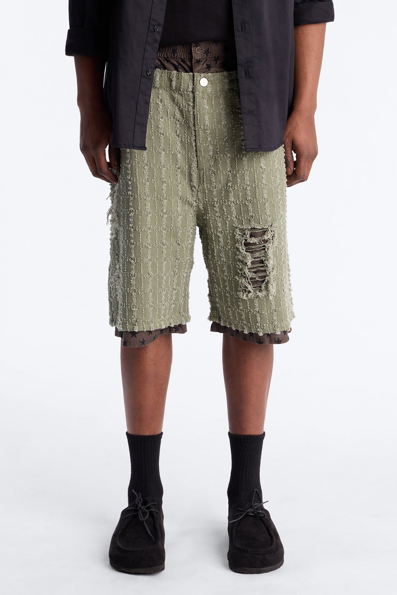Baggy Double Waisted Stars And Distressed Short - Olive Fashion Nova