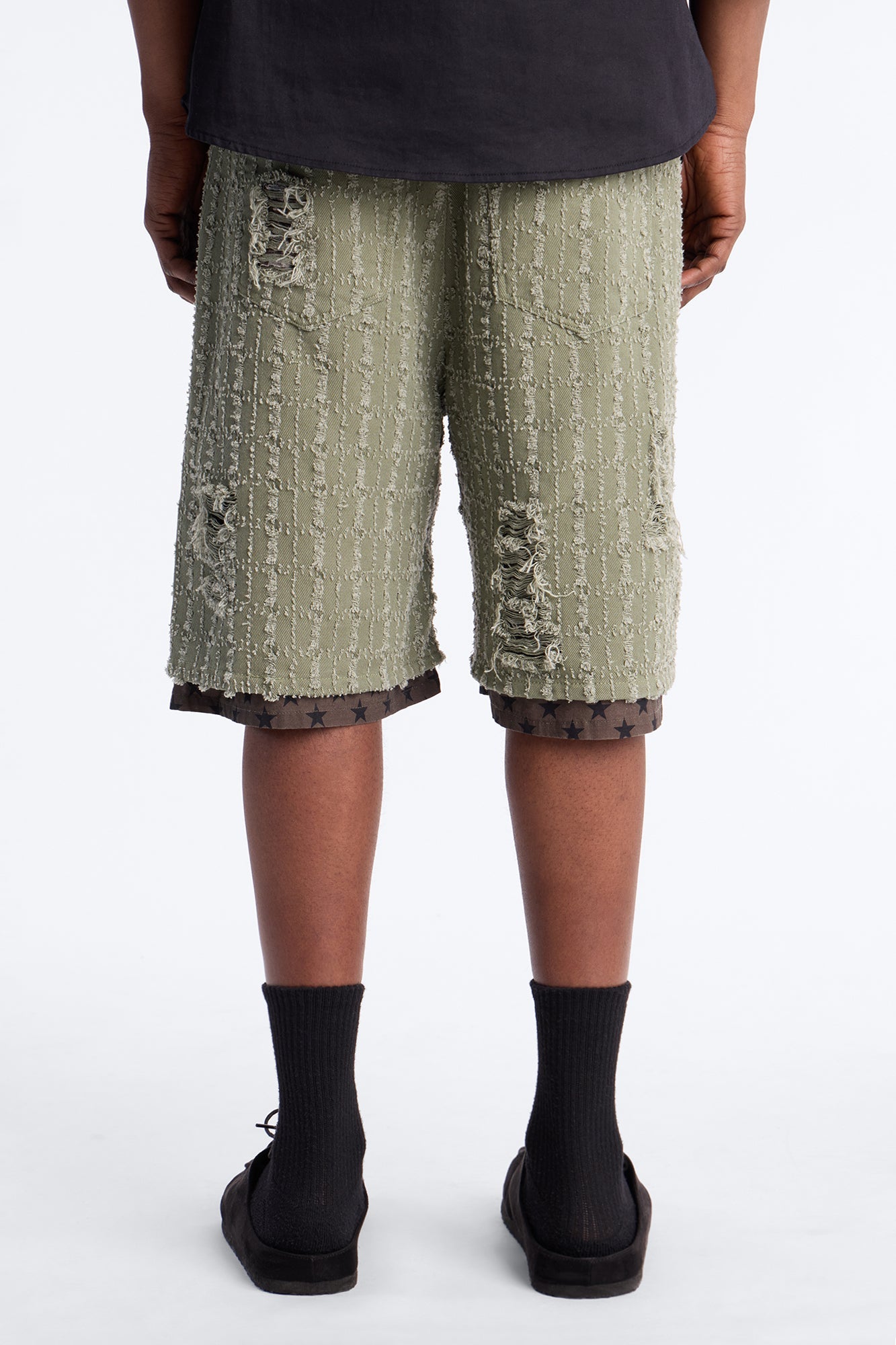 Baggy Double Waisted Stars And Distressed Short - Olive Fashion Nova