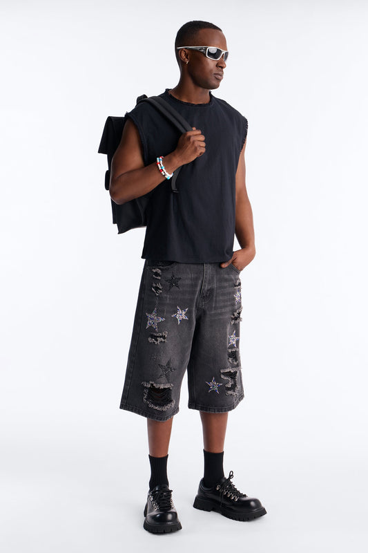 Cosmic Jeweled Baggy Denim Short - Black Wash Fashion Nova