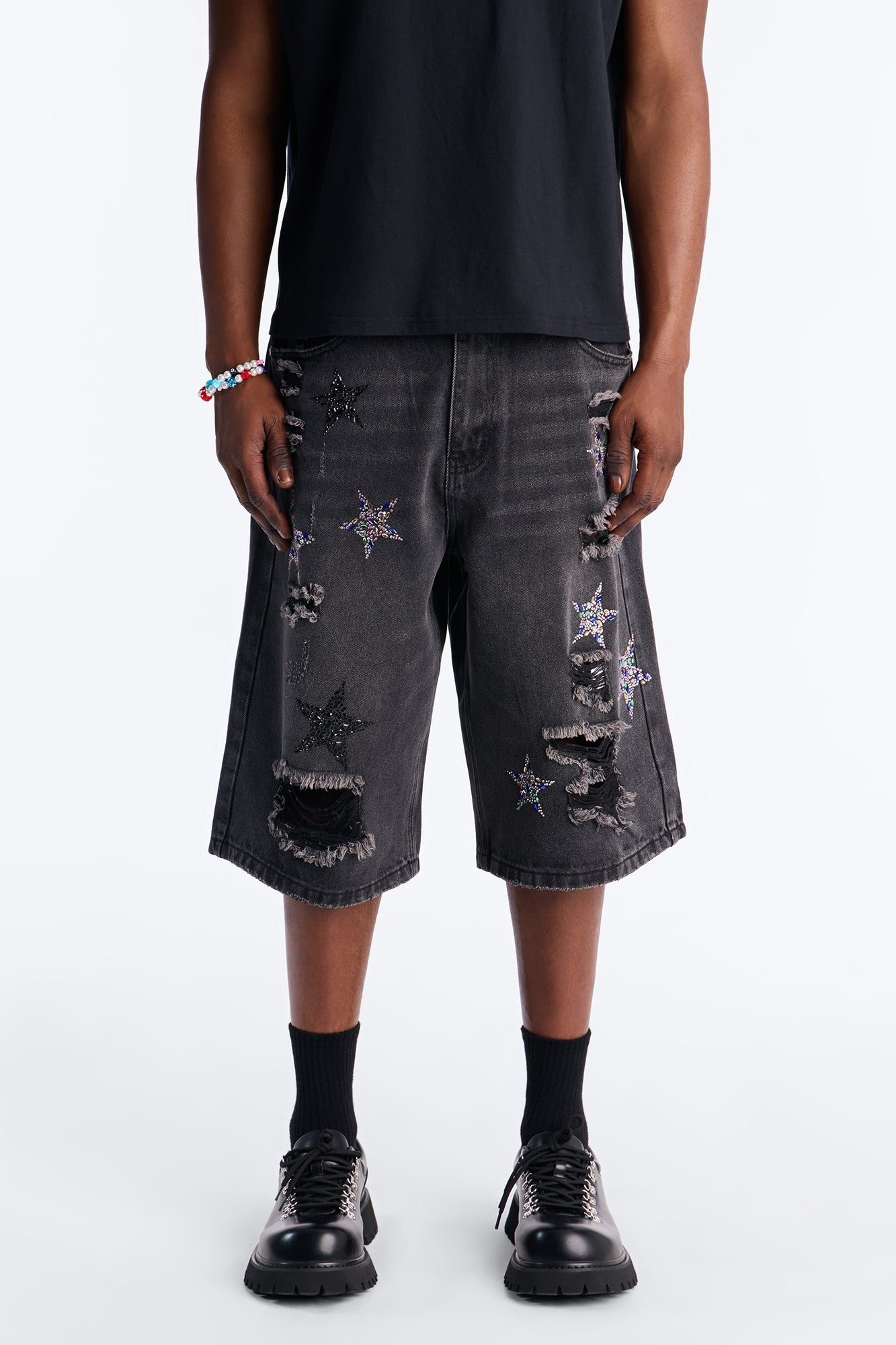 Cosmic Jeweled Baggy Denim Short - Black Wash Fashion Nova