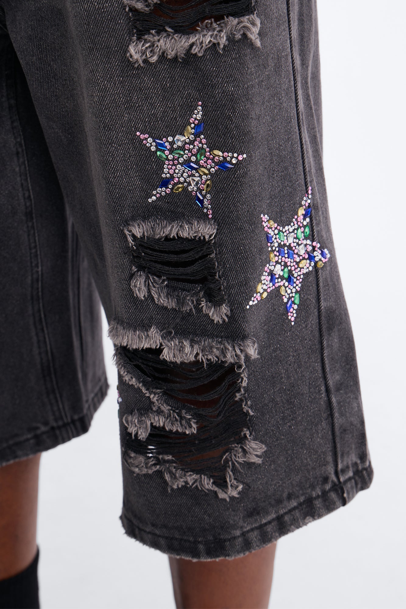 Cosmic Jeweled Baggy Denim Short - Black Wash Fashion Nova