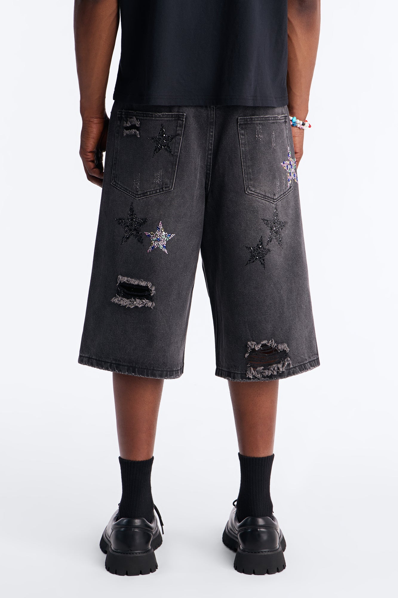 Cosmic Jeweled Baggy Denim Short - Black Wash Fashion Nova