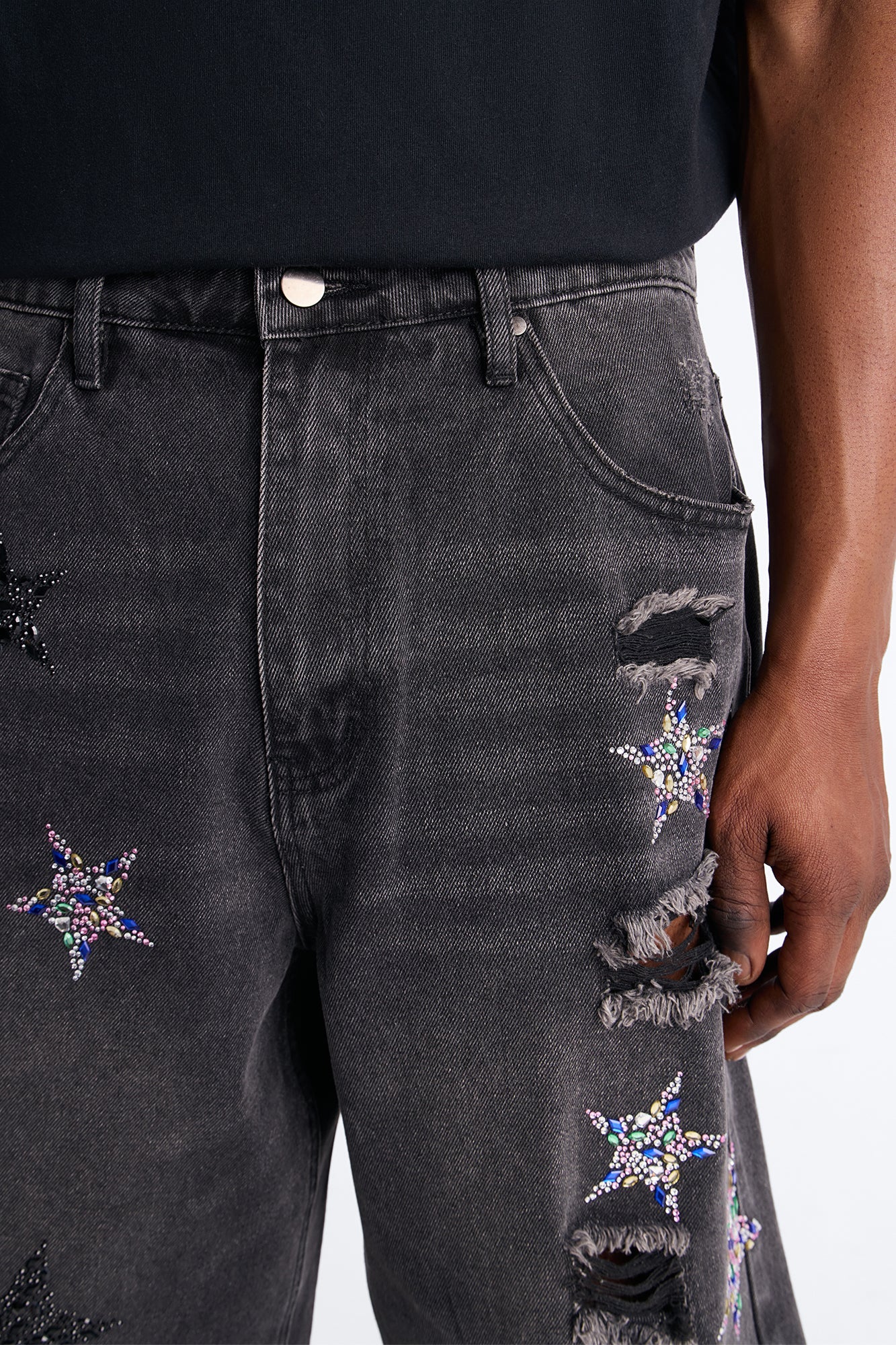Cosmic Jeweled Baggy Denim Short - Black Wash Fashion Nova