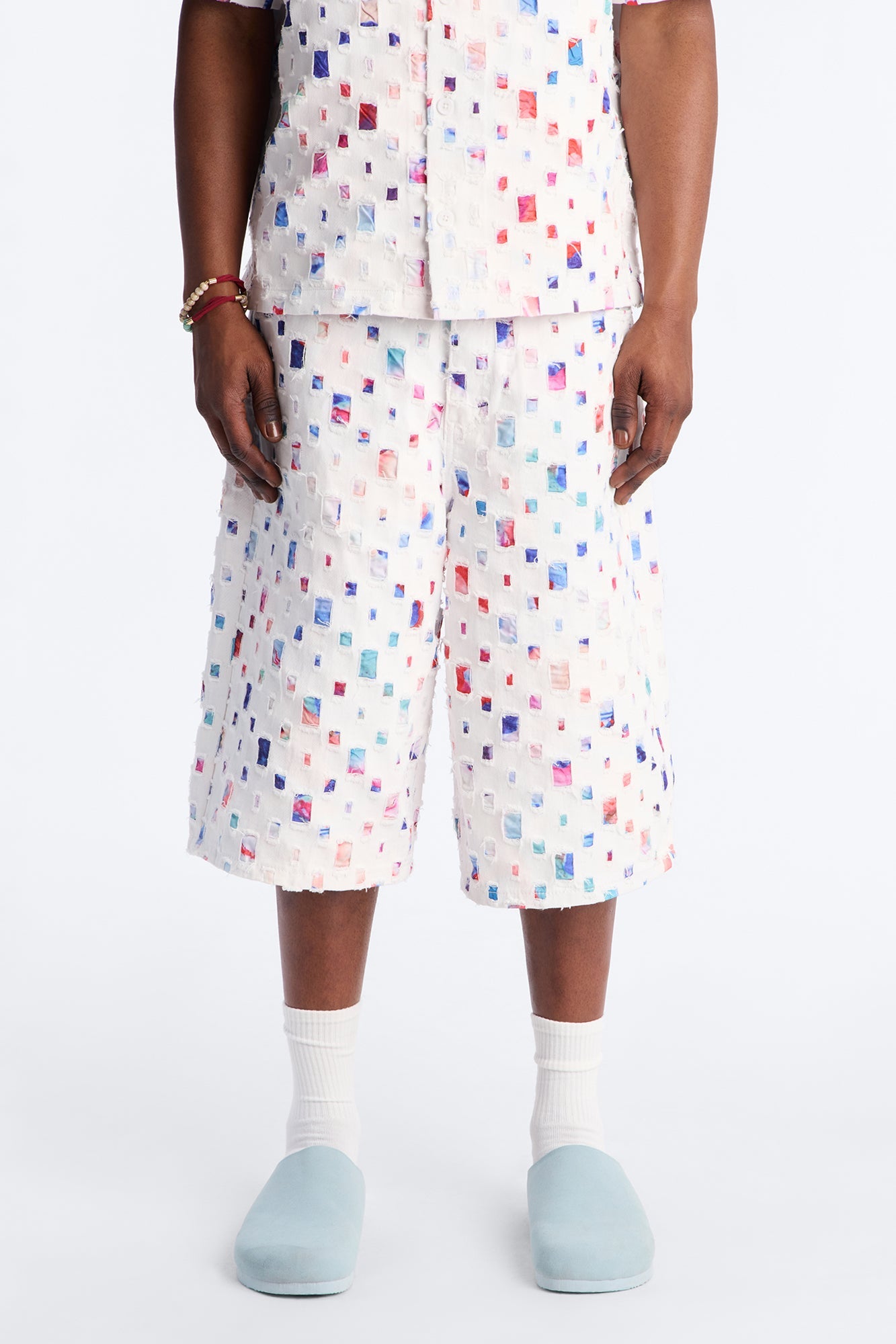Baggy Watercolor Window Denim Short - White Fashion Nova