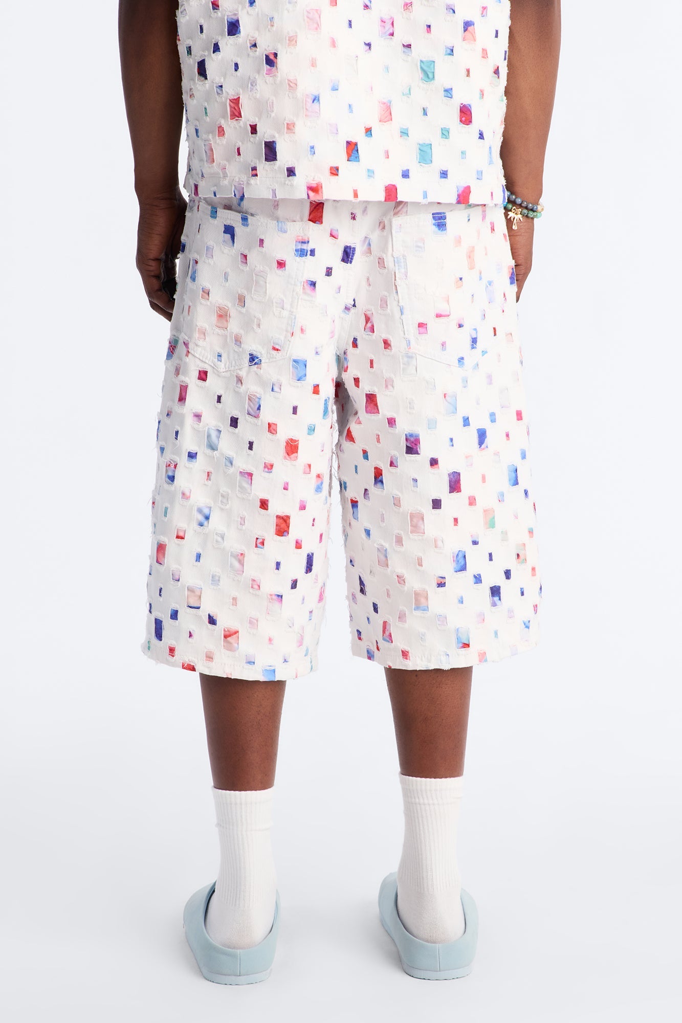 Baggy Watercolor Window Denim Short - White Fashion Nova