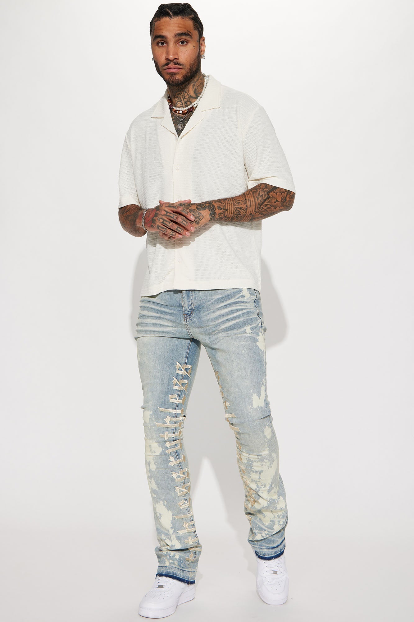 Ruthless Embroidered Stacked Skinny Flare Jeans - Bleach Blue Wash Fashion Nova