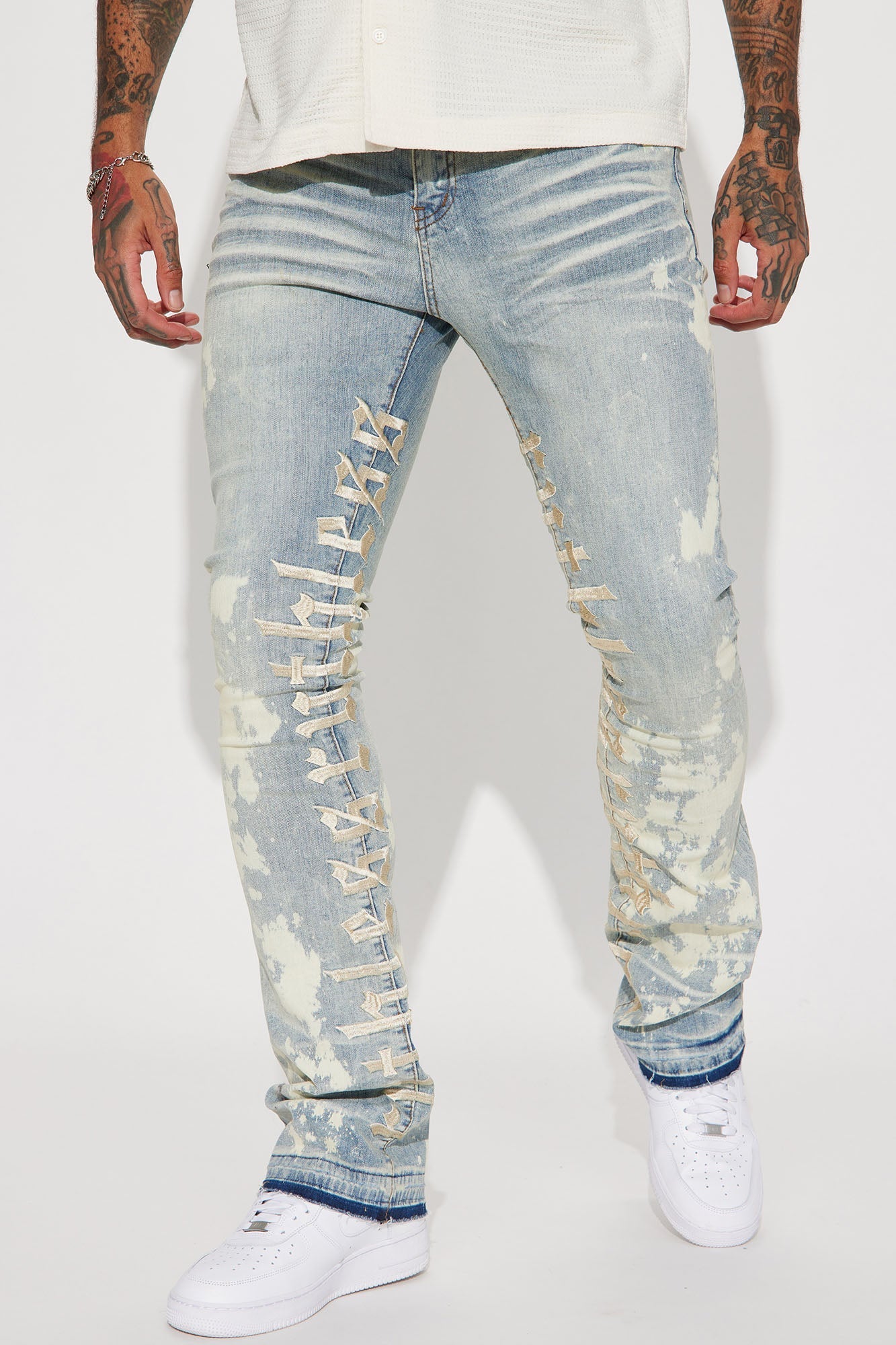 Ruthless Embroidered Stacked Skinny Flare Jeans - Bleach Blue Wash Fashion Nova