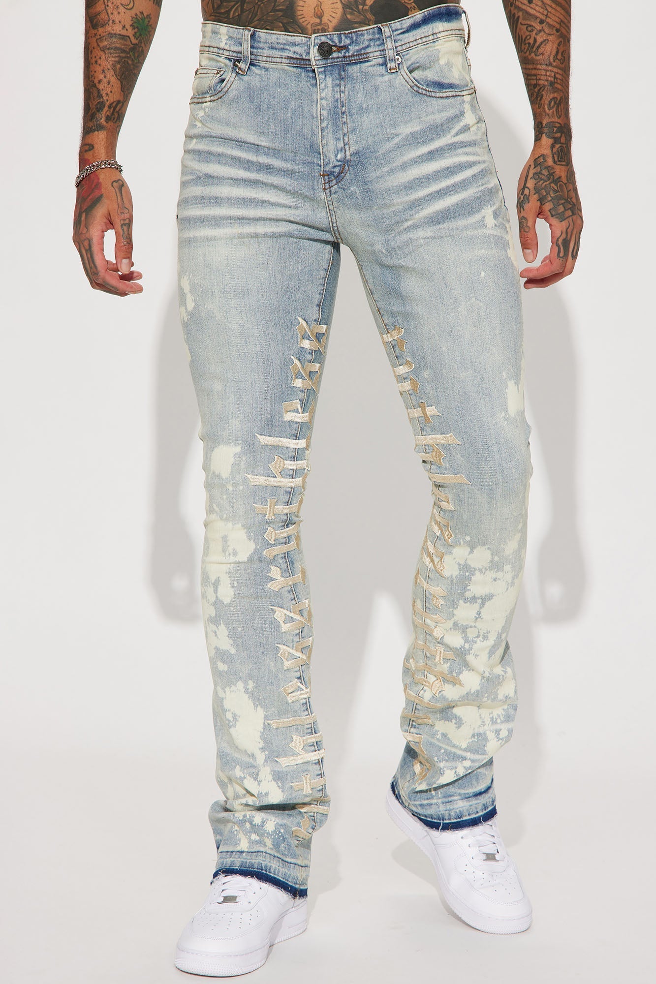 Ruthless Embroidered Stacked Skinny Flare Jeans - Bleach Blue Wash Fashion Nova