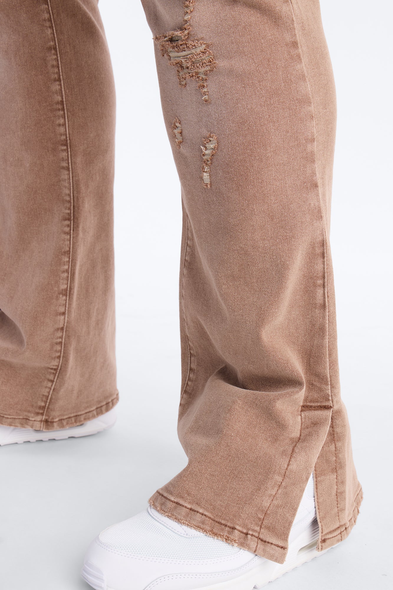 Stacked Skinny Flare Slit Dare Me Distressed Jean - Dark Brown Fashion Nova