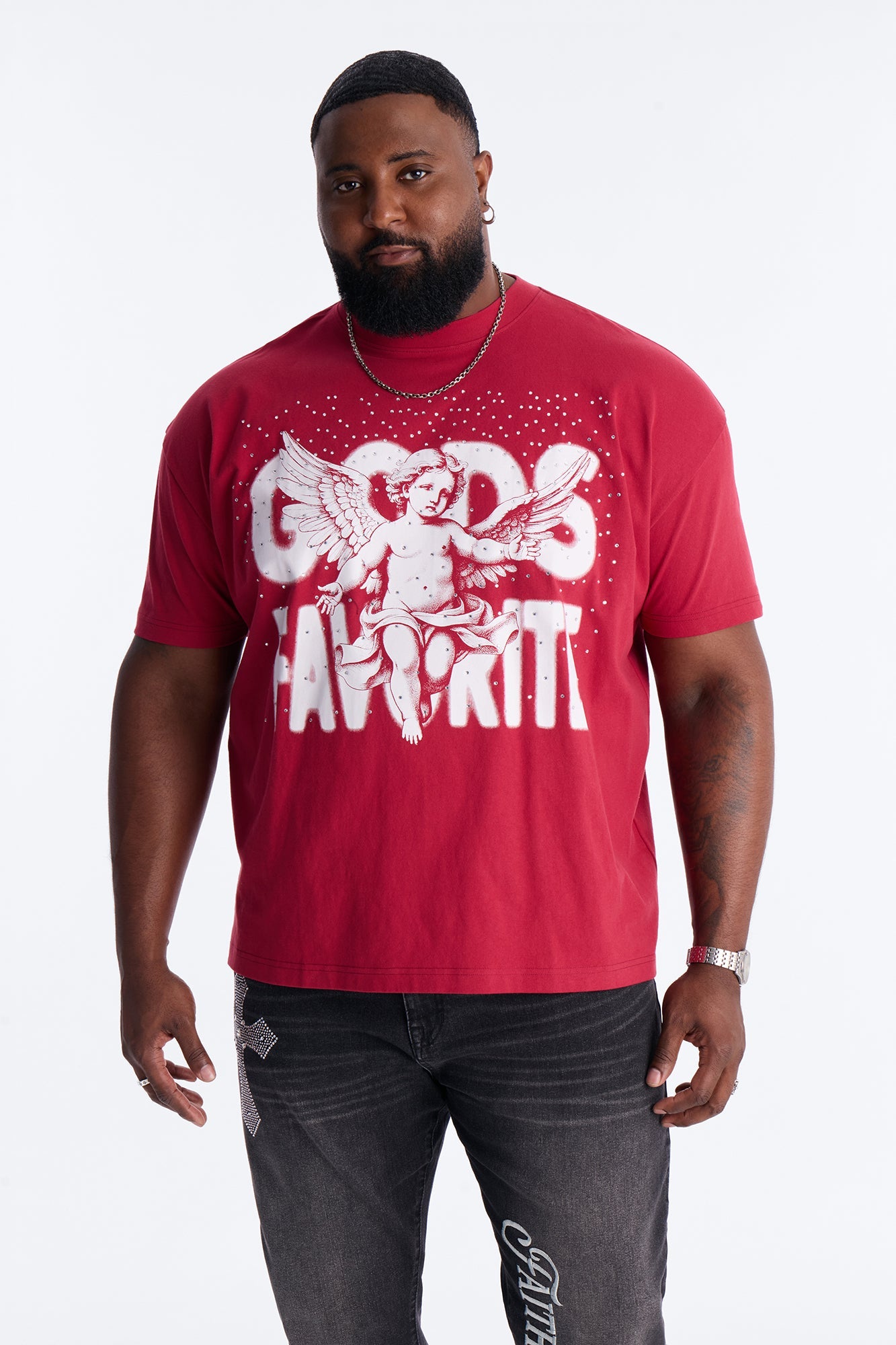 God's Favorite Rhinestones Short Sleeve Tee - Red Fashion Nova
