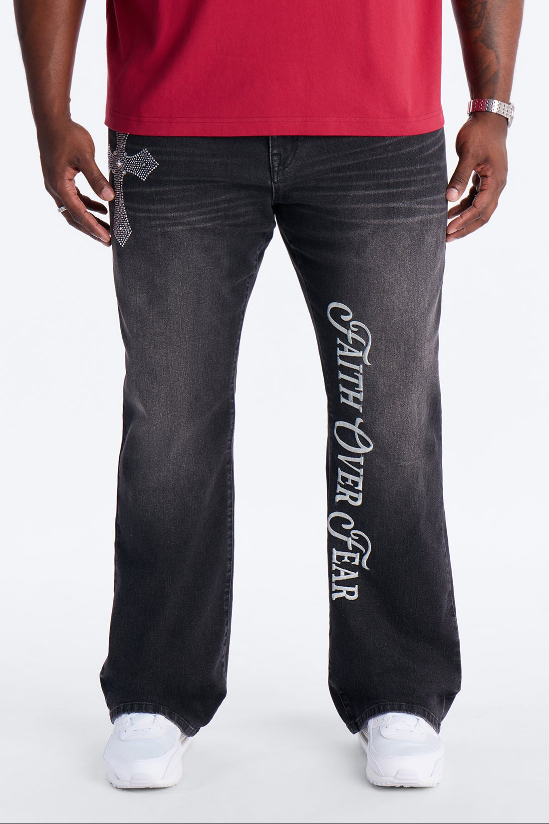 Stacked Slim Flare Faith Over Fear Drip Jean - Black Wash Fashion Nova