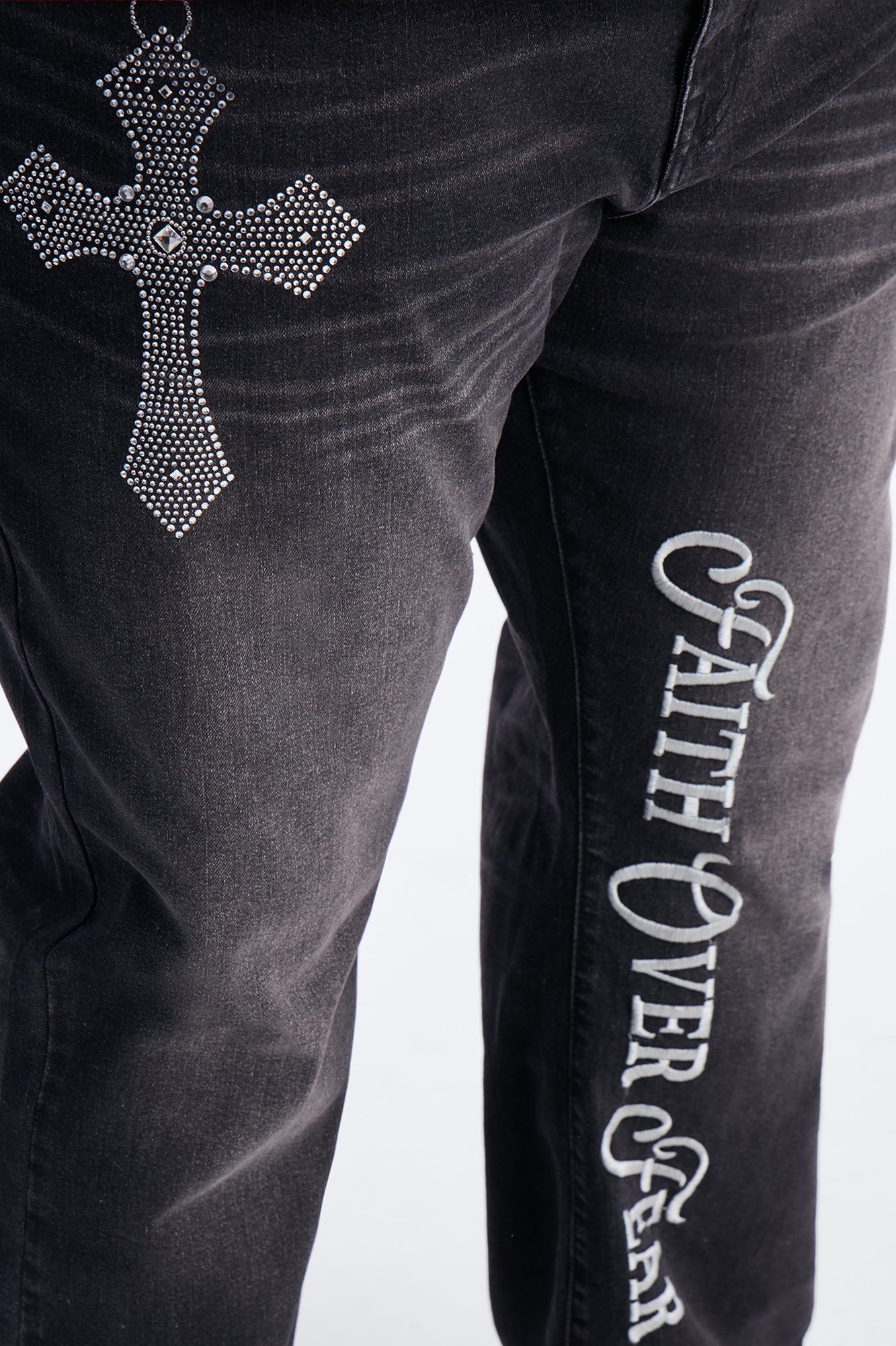 Stacked Slim Flare Faith Over Fear Drip Jean - Black Wash Fashion Nova