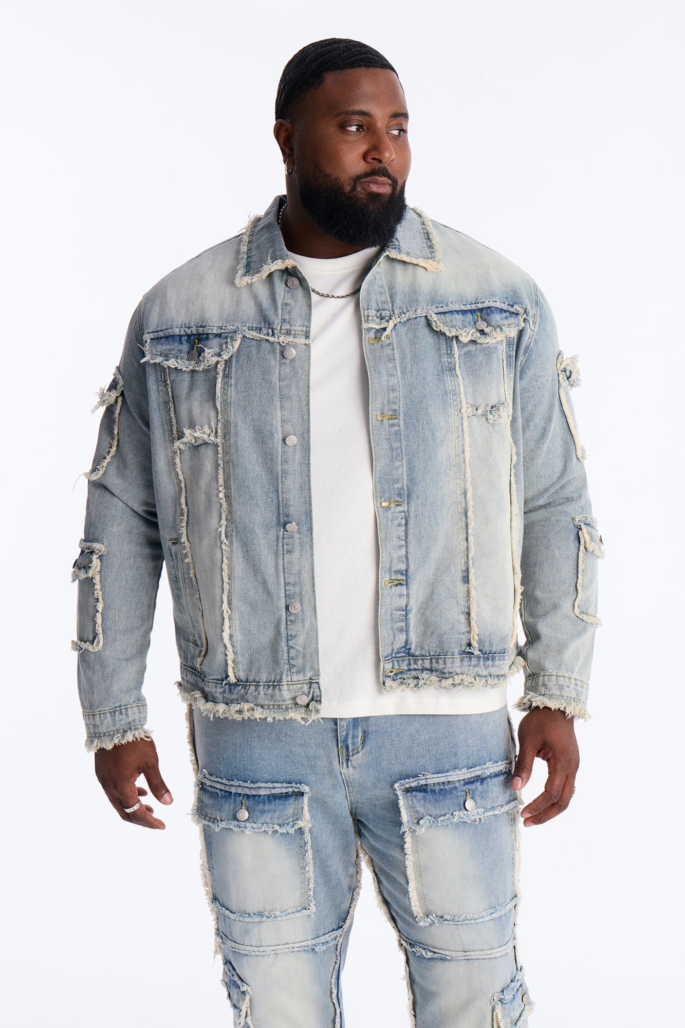 Tattered Cargo Denim Trucker Jacket - Light Wash Fashion Nova