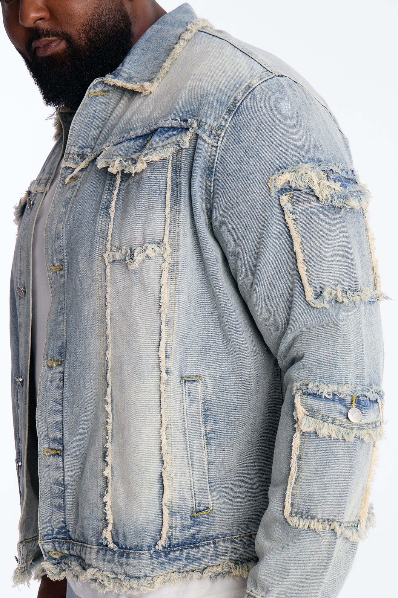 Tattered Cargo Denim Trucker Jacket - Light Wash Fashion Nova