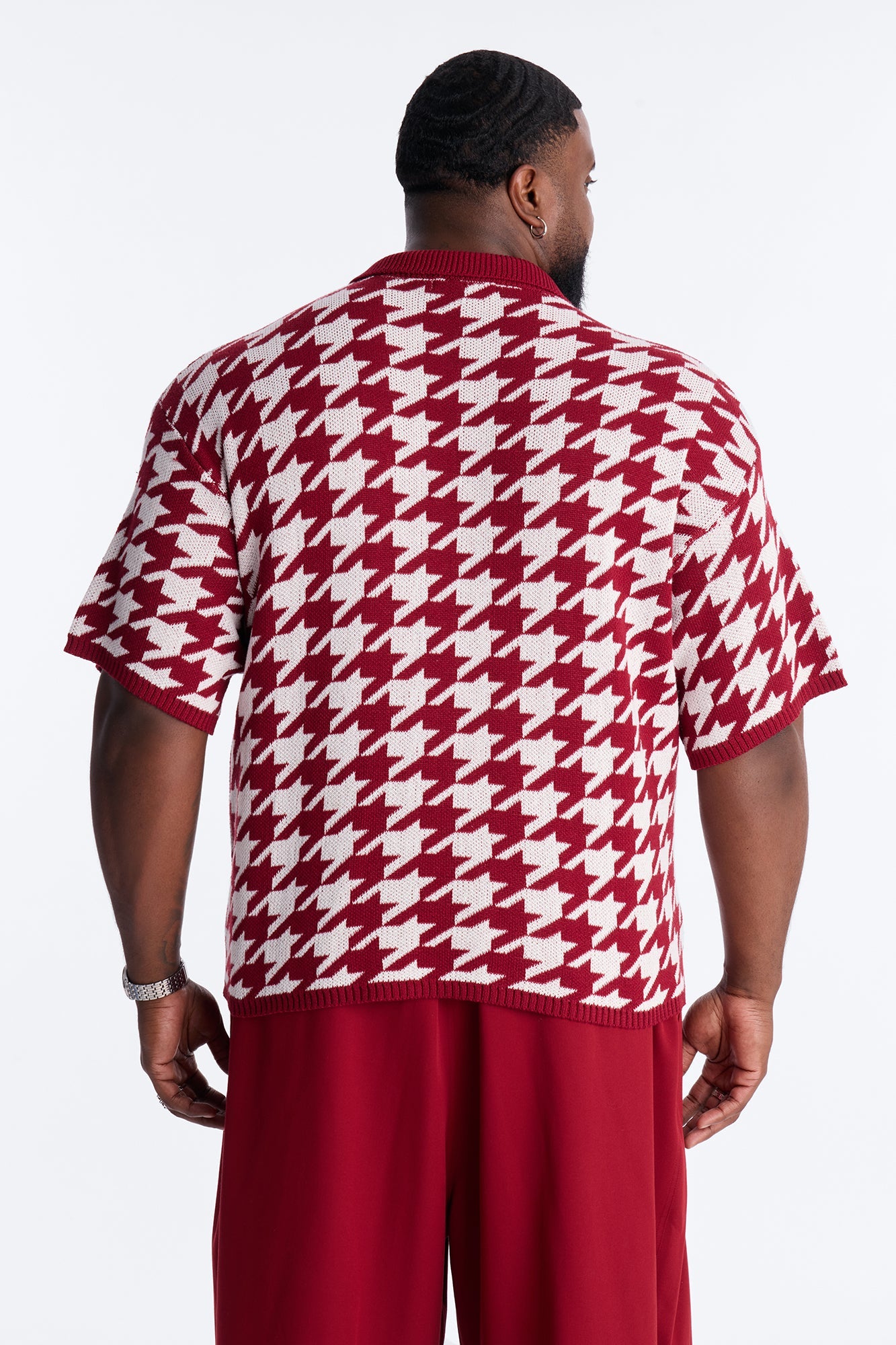 Houndstooth Short Sleeve Knitted Polo - Burgundy Fashion Nova