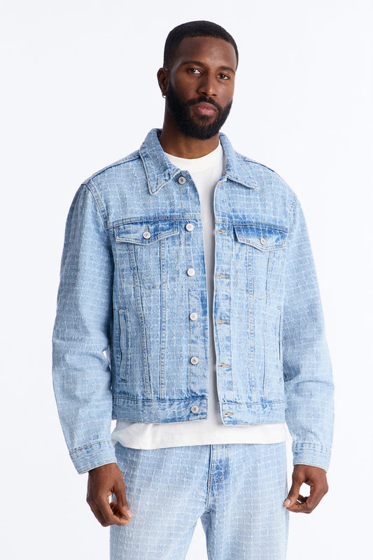 Cropped Windowpane Denim Trucker Jacket - Light Wash Fashion Nova