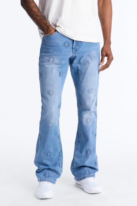 Stacked Slim Flare Embossed Supernova Jeans - Medium Blue Wash Fashion Nova