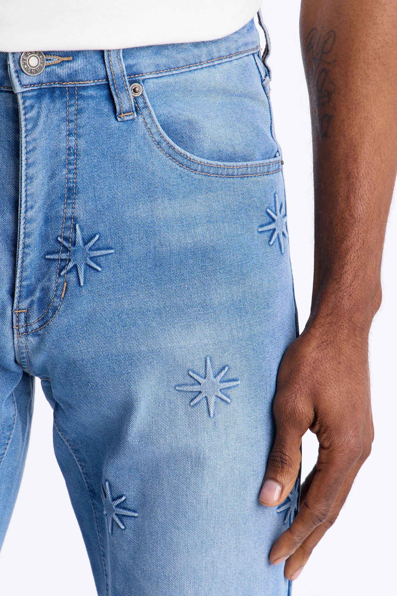 Stacked Slim Flare Embossed Supernova Jeans - Medium Blue Wash Fashion Nova