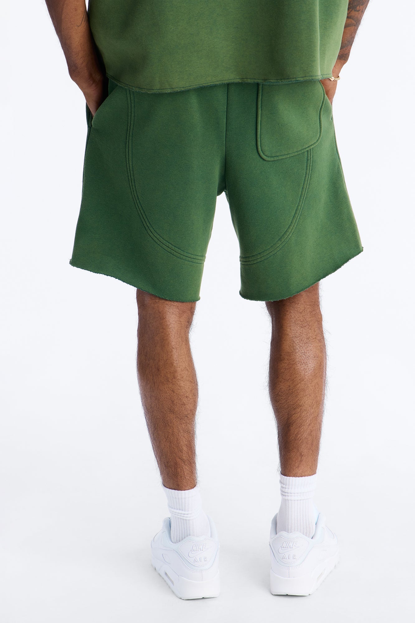 Washed Raw Edge Baggy Sweatshort - Green Fashion Nova