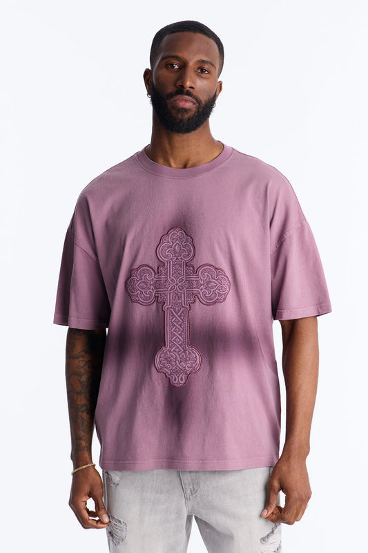 Cross Shadow Patch Short Sleeve Tee - Purple Fashion Nova
