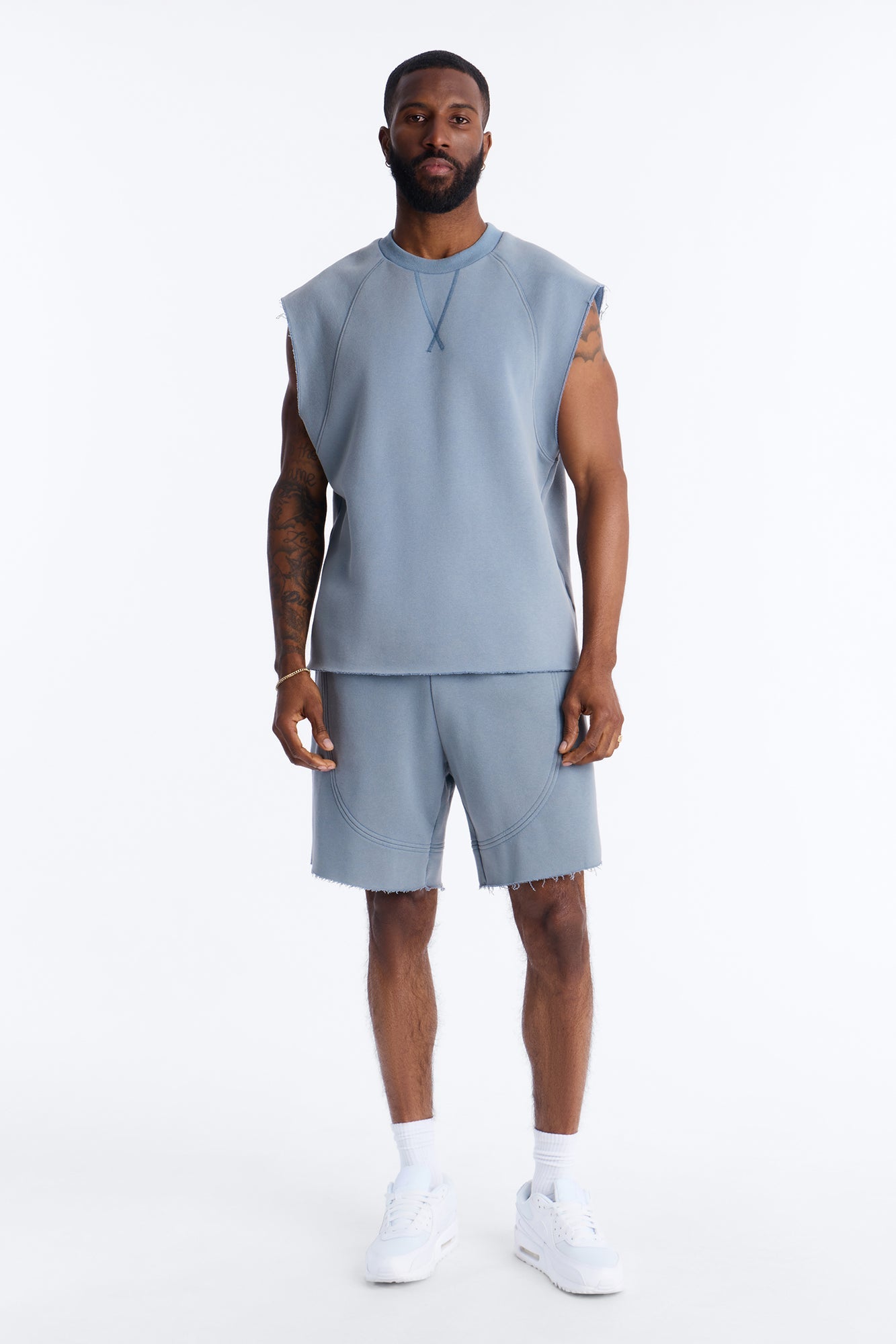 Washed Raw Edge Relaxed Muscle Tee - Slate Blue Fashion Nova