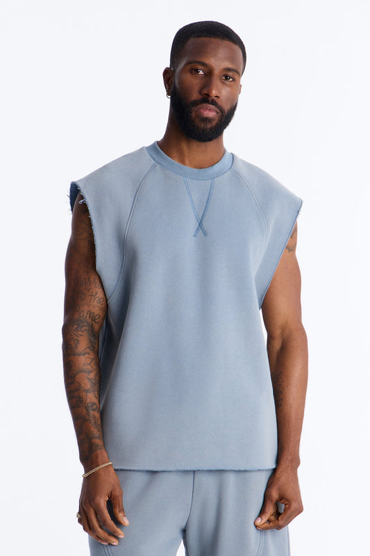 Washed Raw Edge Relaxed Muscle Tee - Slate Blue Fashion Nova