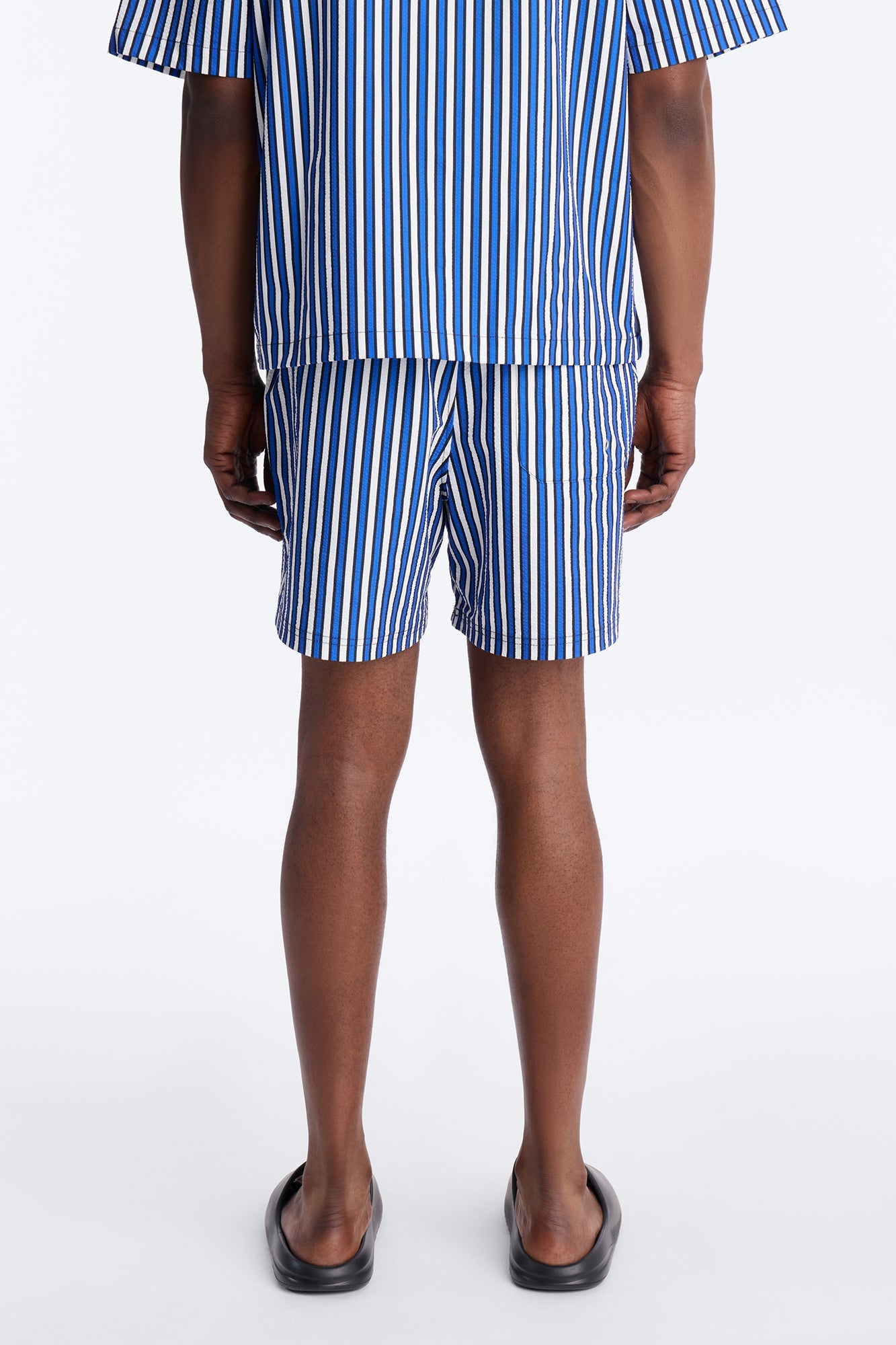 Palm Haven Striped Seersucker Swim Trunk 6″ - Blue Fashion Nova