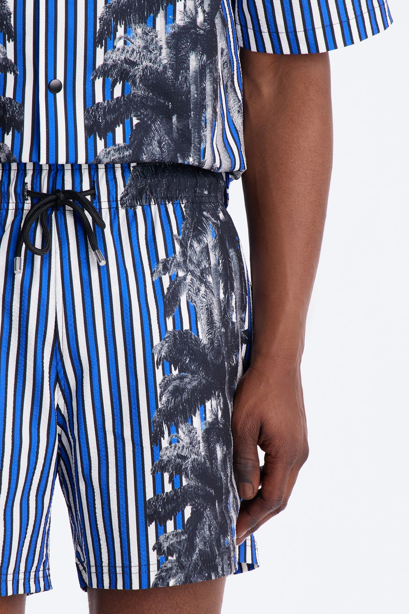 Palm Haven Striped Seersucker Swim Trunk 6″ - Blue Fashion Nova
