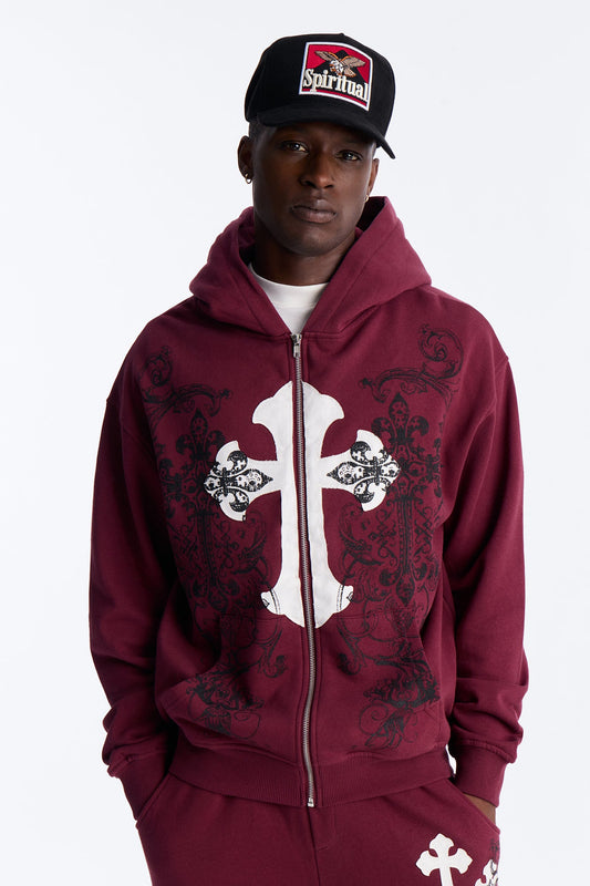 Cross Patch Zip Hoodie - Burgundy Fashion Nova