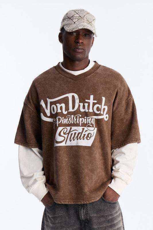 Von Dutch Studio Oversized Fleece Twofer - Brown Fashion Nova