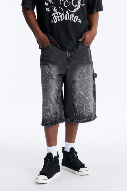Baggy Jeweled Web Carpenter Denim Short - Black Wash Fashion Nova