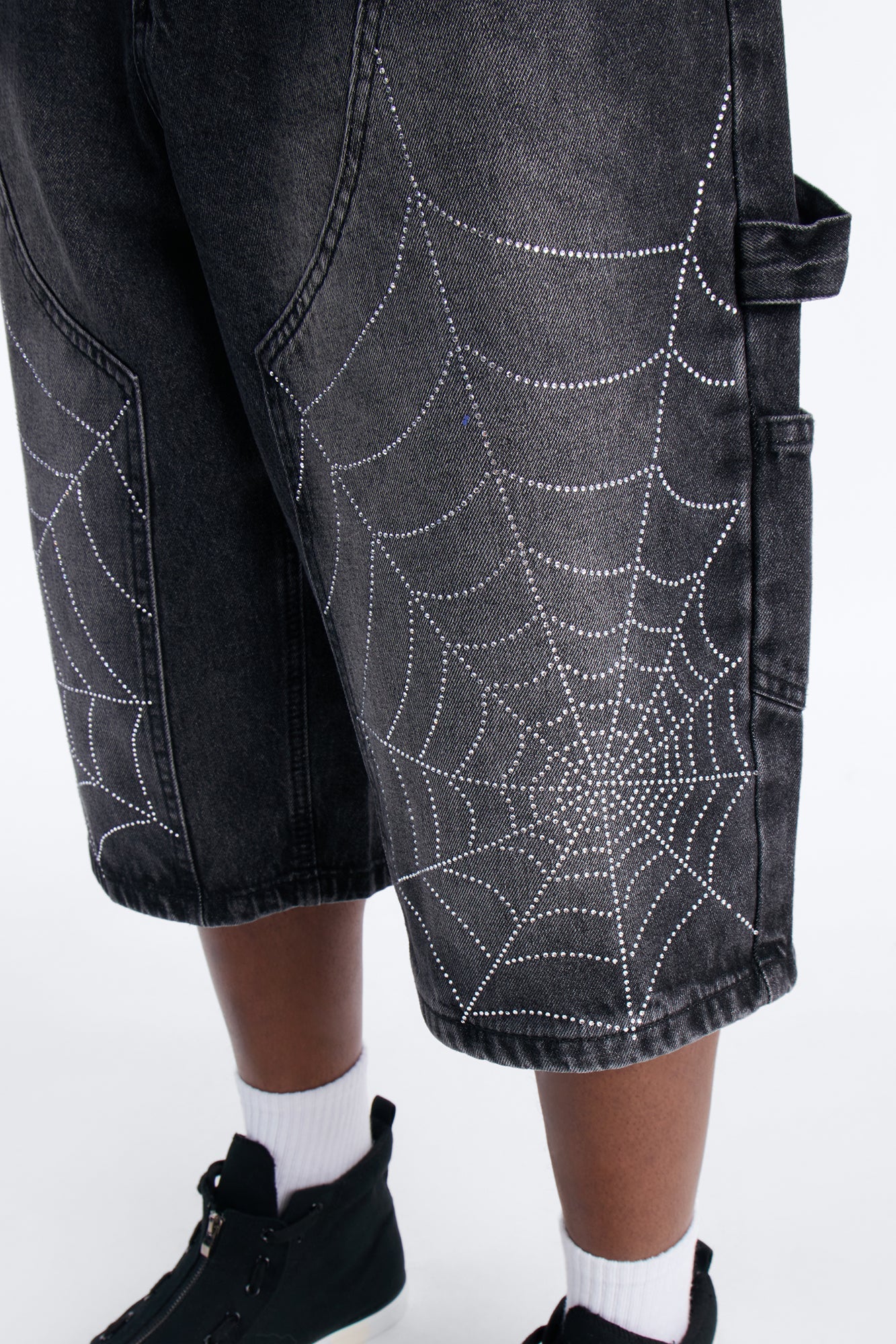 Baggy Jeweled Web Carpenter Denim Short - Black Wash Fashion Nova