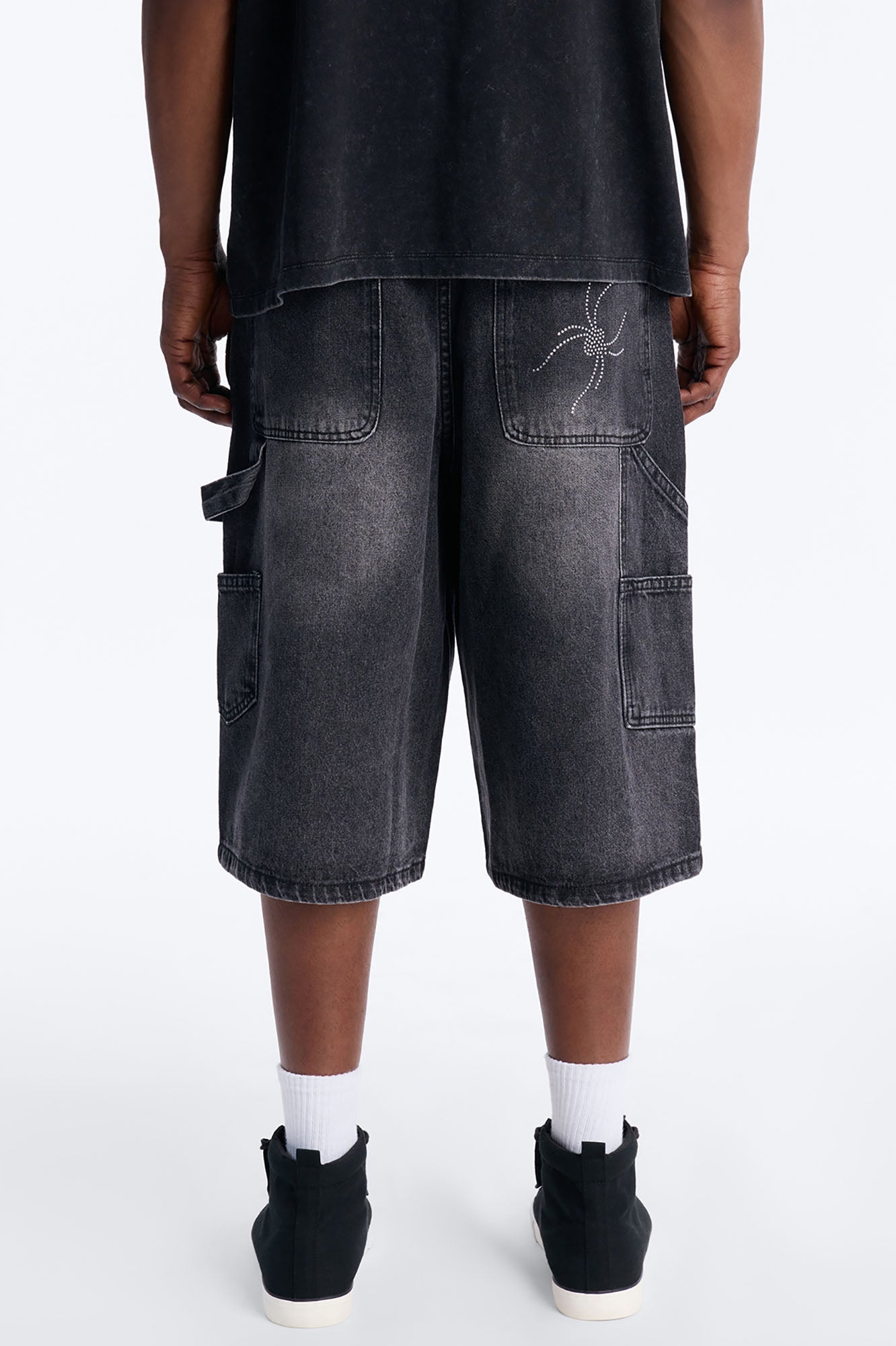 Baggy Jeweled Web Carpenter Denim Short - Black Wash Fashion Nova