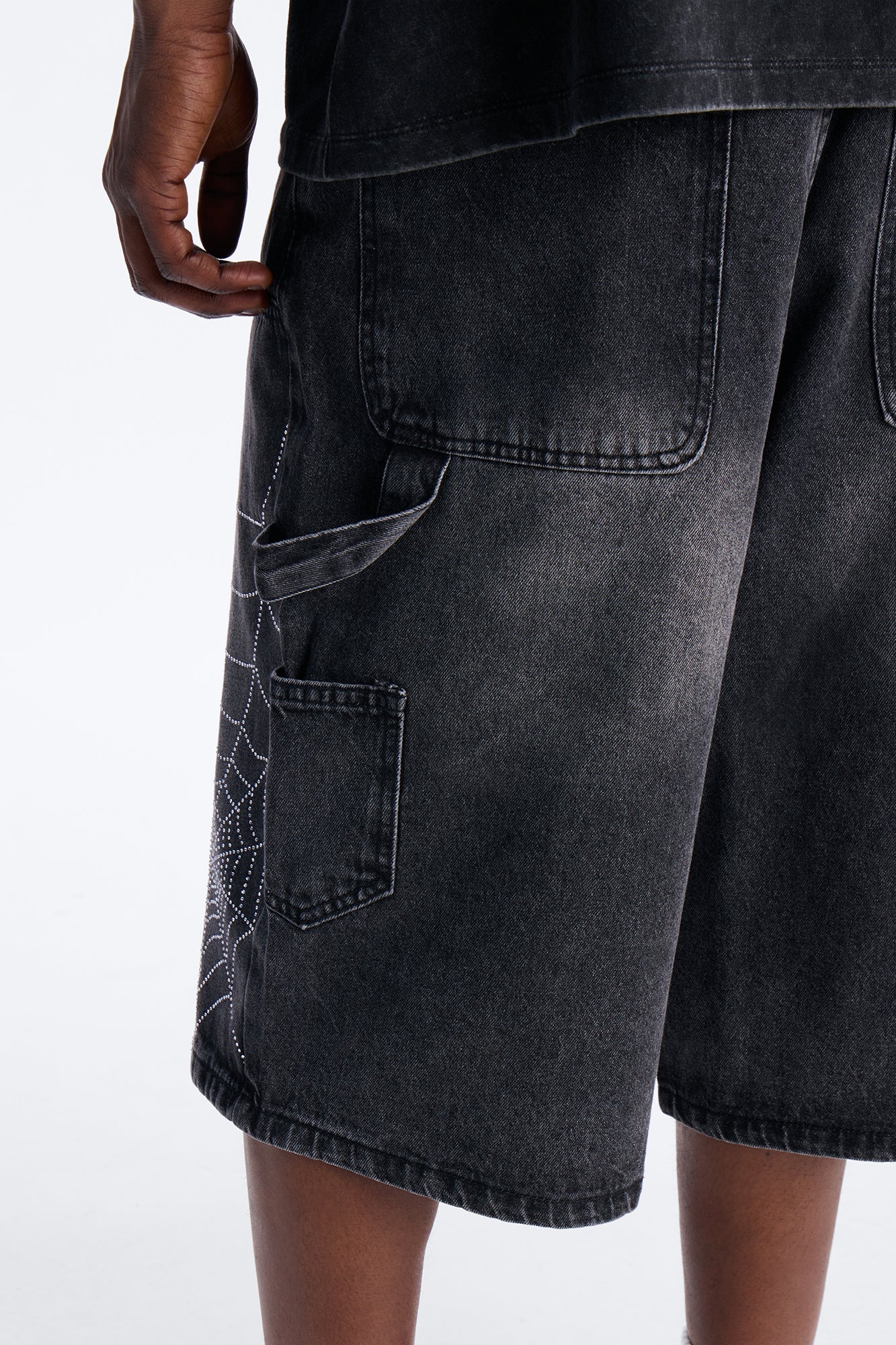 Baggy Jeweled Web Carpenter Denim Short - Black Wash Fashion Nova