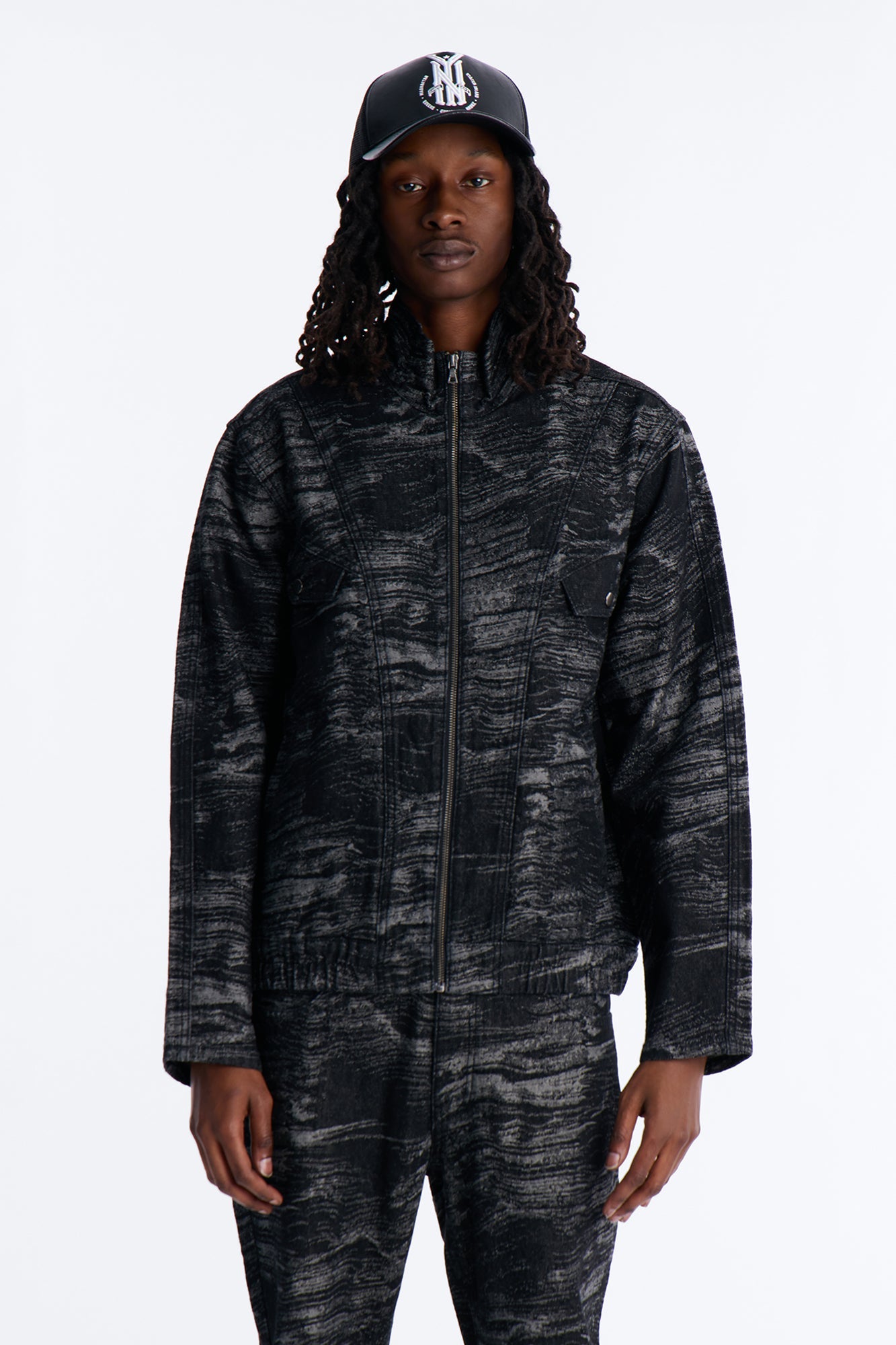 Jacquard Waves Denim Jacket - Black Wash Fashion Nova