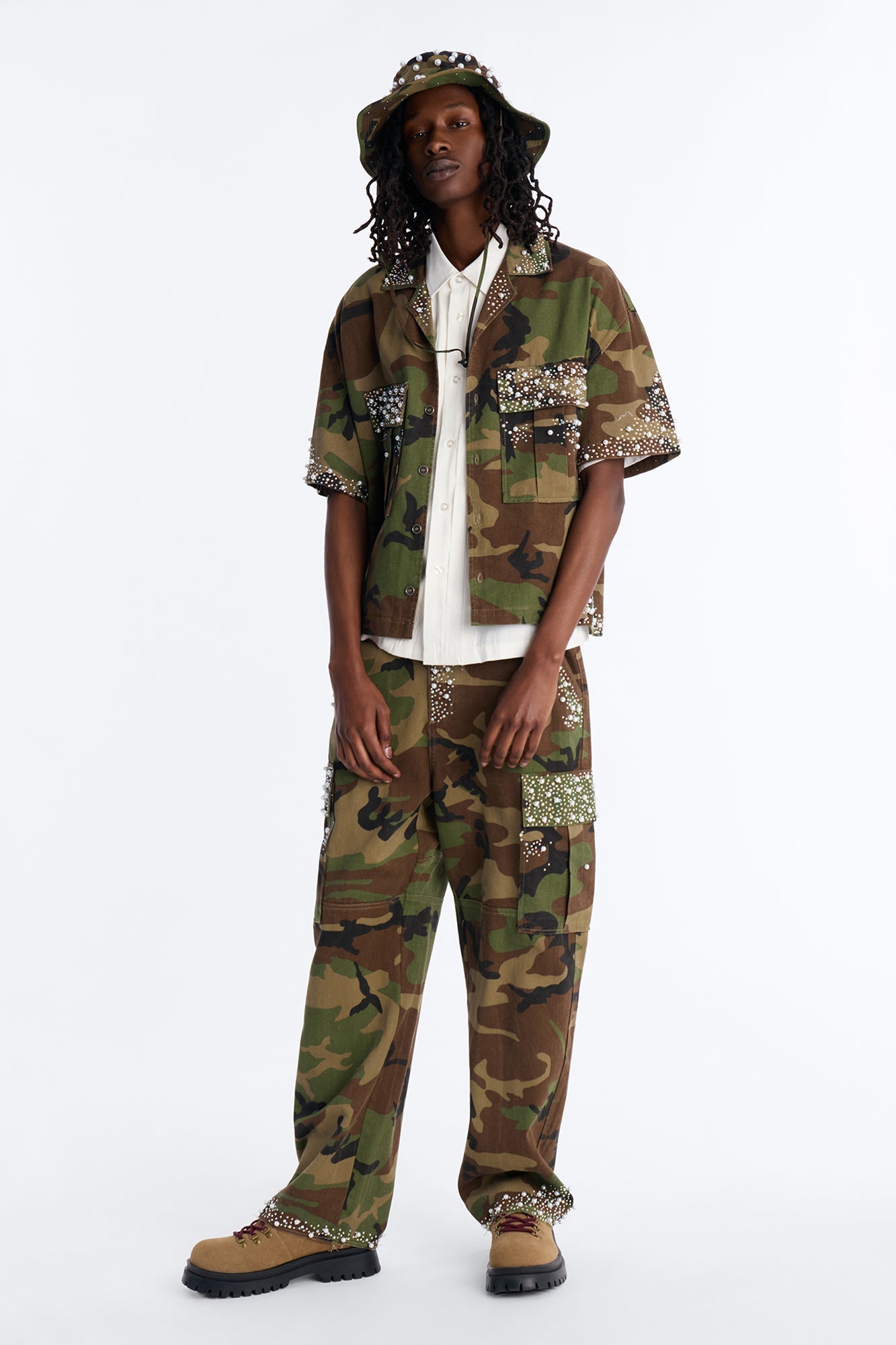 Cropped Pearl World Embellished Shirt - Camouflage Fashion Nova