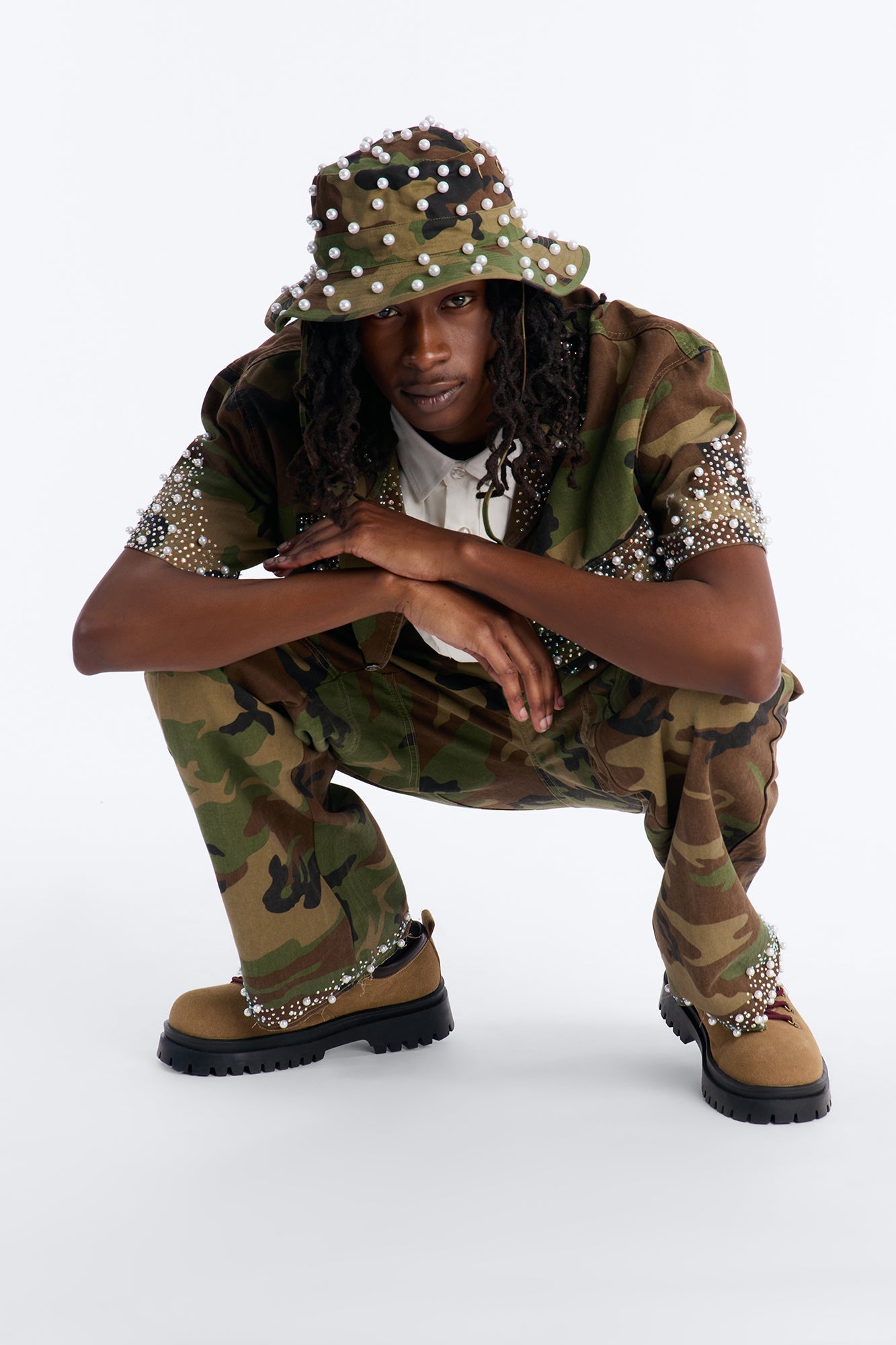 Cropped Pearl World Embellished Shirt - Camouflage Fashion Nova